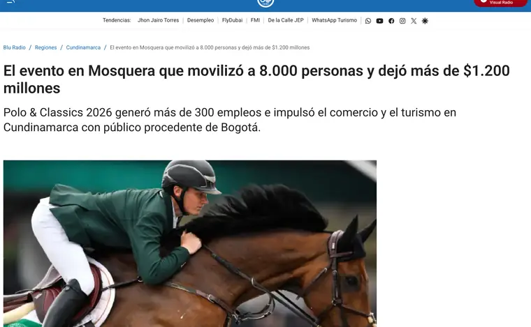 Pantallazo de la nota de Blu Radio: El evento en Mosquera que movilizó a 8.000 personas y dejó más de $1.200 millones