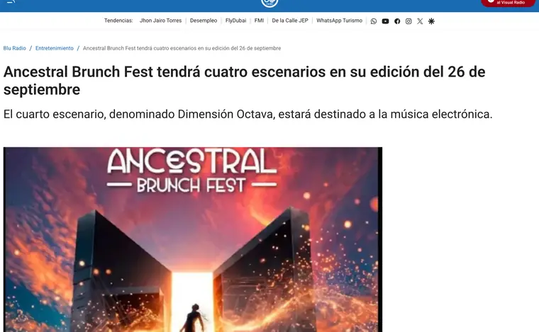 Pantallazo de la nota de Blu Radio: Ancestral Brunch Fest tendrá cuatro escenarios en su edición del 26 de septiembre