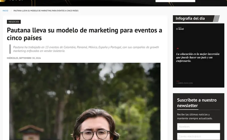 Pantallazo de la nota de Revista C-Level: Pautana lleva su modelo de marketing para eventos a cinco países
