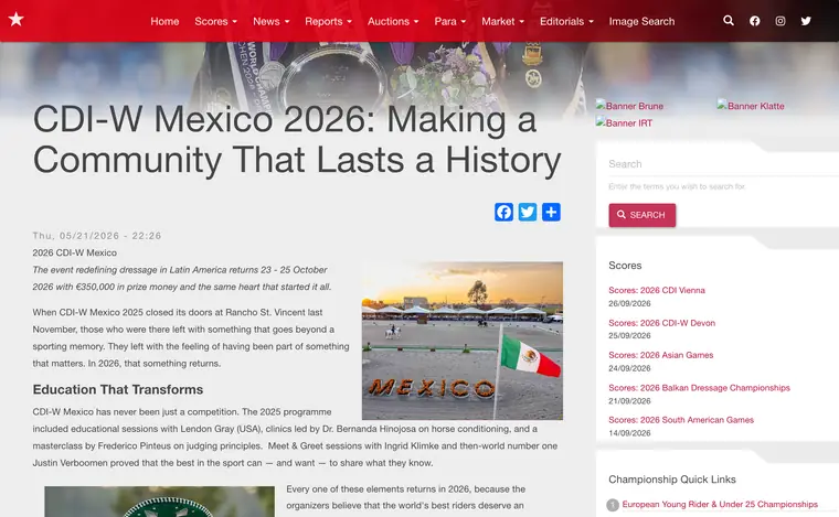 Pantallazo de la nota de Eurodressage: CDI-W Mexico 2026: Making a Community That Lasts a History