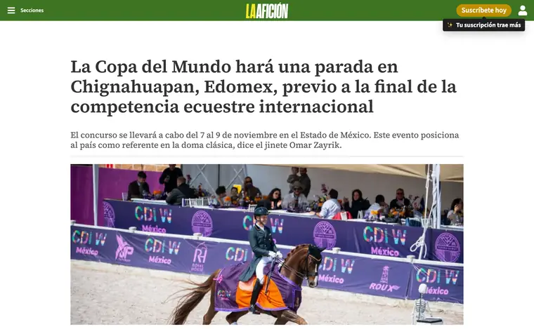 Pantallazo de la nota de Milenio: México será sede del Dressage Internacional 2025